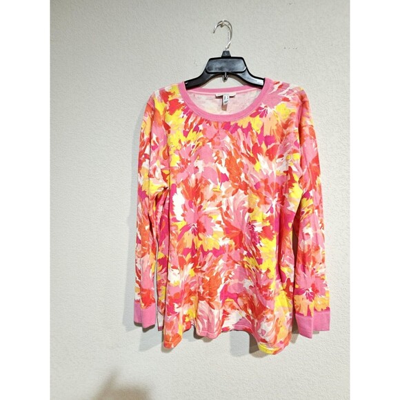 Isaac Mizrahi Live! Floral Printed Sweater w/ Cover Stitch PINK M A393580 - Picture 2 of 7